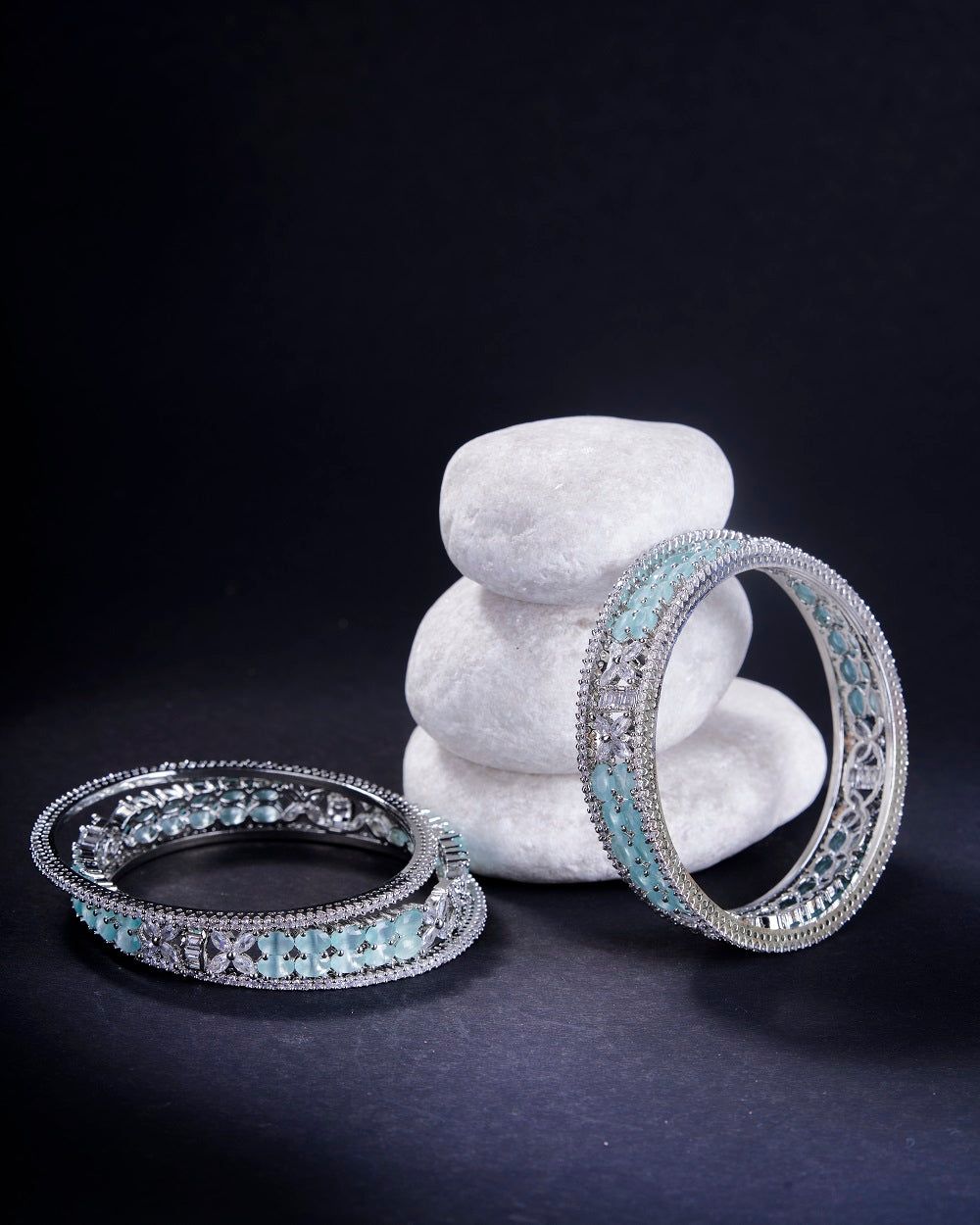 Crystal Fancy Rhodium Bangles (Pack of 6)-Mint Green / Rhodium / 2.4