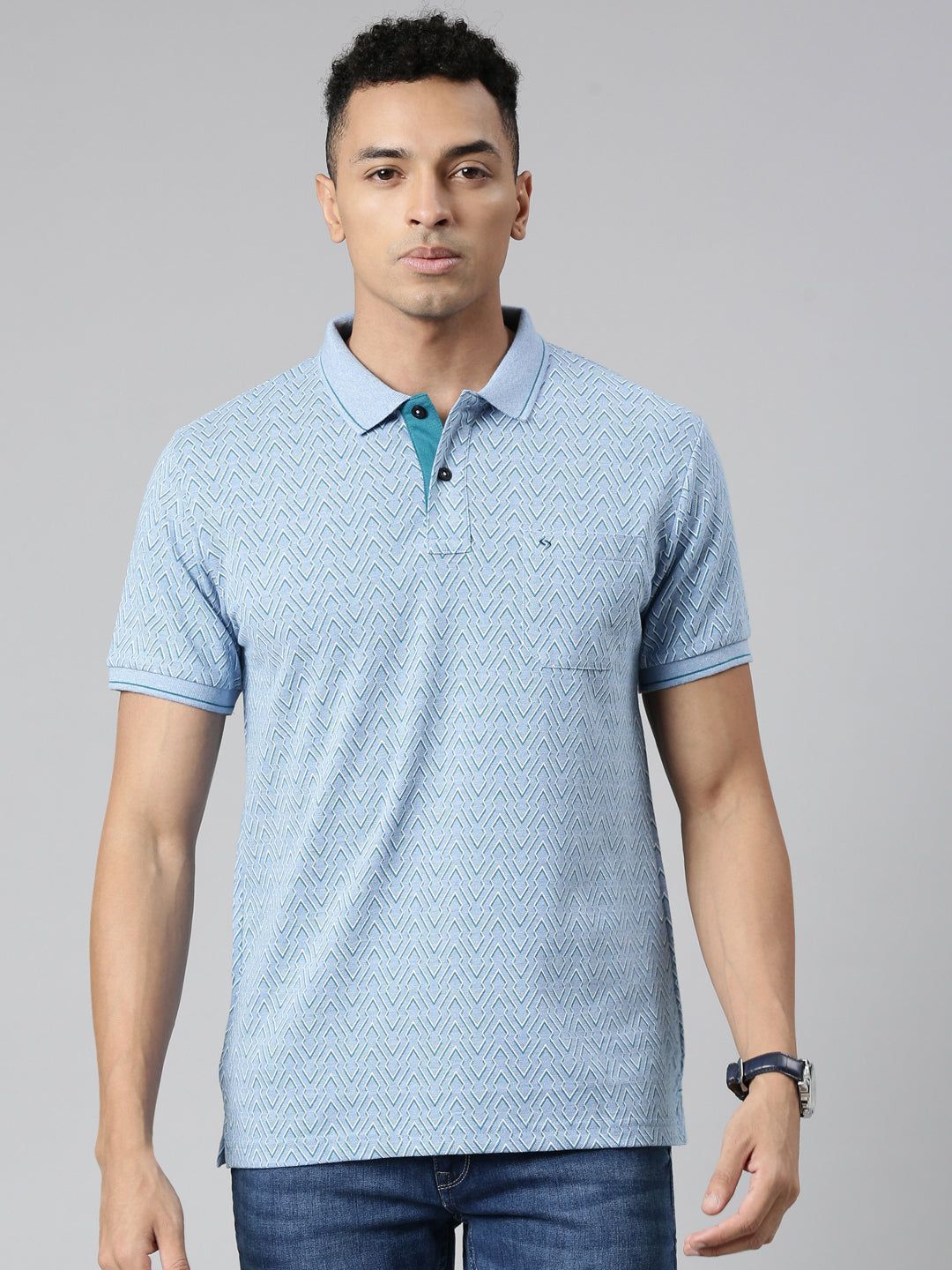 Classic Polo Men's Polo Neck Cotton Blue Slim Fit Printed T-Shirt | BEAU-244 A SF P