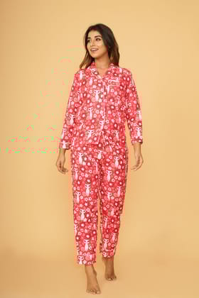 Cute Cat Flower Full Sleeve Pyjama Set-S / Red / Rayon Blend