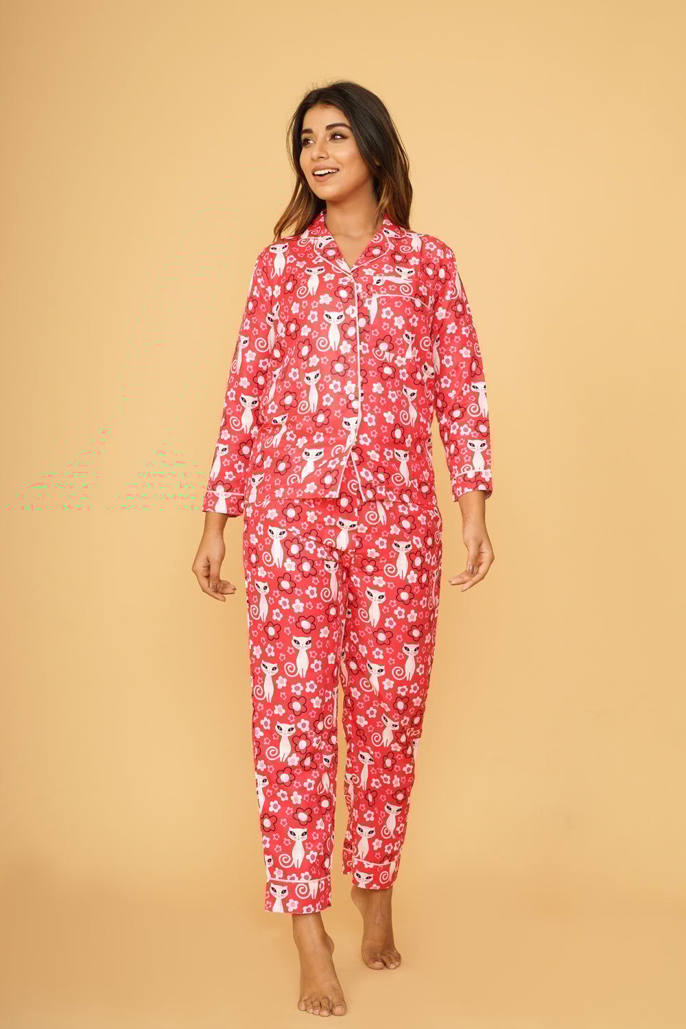 Cute Cat Flower Full Sleeve Pyjama Set-S / Red / Rayon Blend