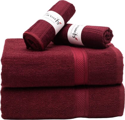 Furnofy Cotton 450 GSM Bath, Hand Towel Set Maroon (Pack Of 4)