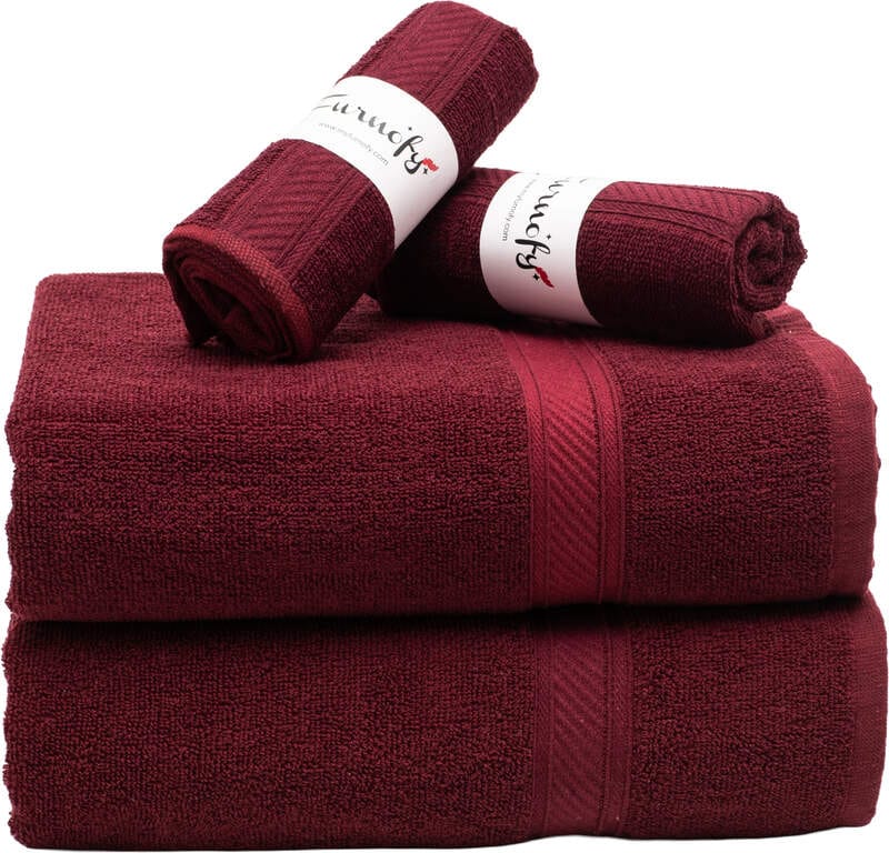Furnofy Cotton 450 GSM Bath, Hand Towel Set Maroon (Pack Of 4)