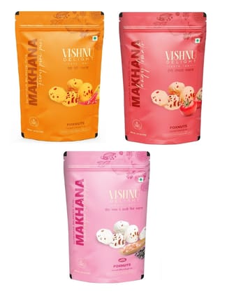 Vishnu Delight Organic Makhana Combo Pack - 3 of 60g Each flavor - Fiery Peri Peri, Tangy Tomato, Himalayan Salt N Pepper - Crunchy, Deliciously, and Full of Flavorful Indian Spices Snacks