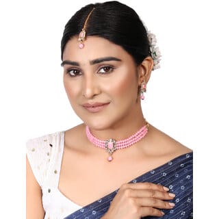Pink Oynx Crystal Kundan Designer Choker Bridal Jewellery Set