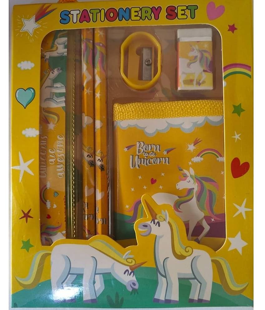 2333 YESKART -6PC  YELLOW  BERN &UNICORN STATIONERY SET( PACK OF 1) The set includes  two pencils, 1eraser, 1 sharpener , 1 WALLET. and a Scale  all printed with your favourite characters.