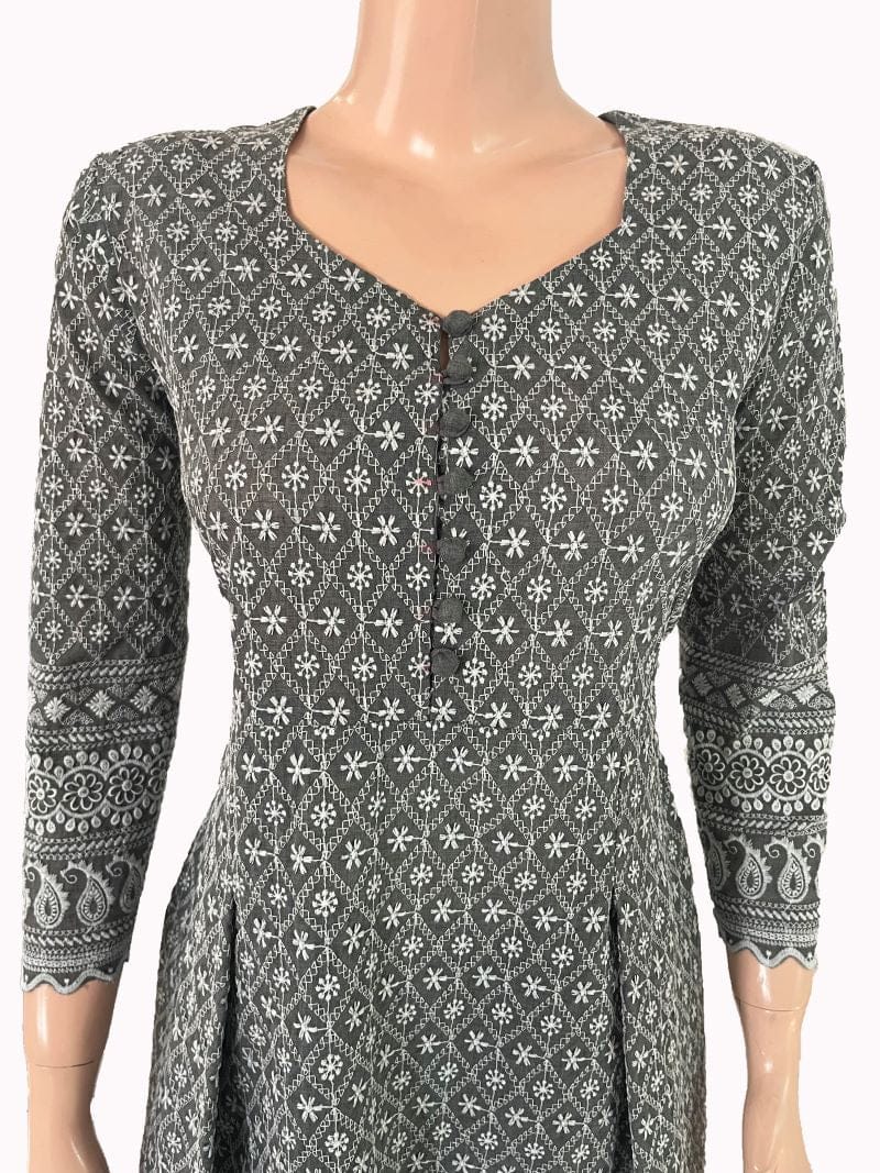 Fully Embroidered Chikankari Inspired Sweetheart Neck Pleated Kurta, Grey, KW1047-S