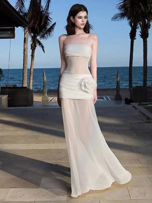Flower Applique See through  Tube Maxi Dress-White / M