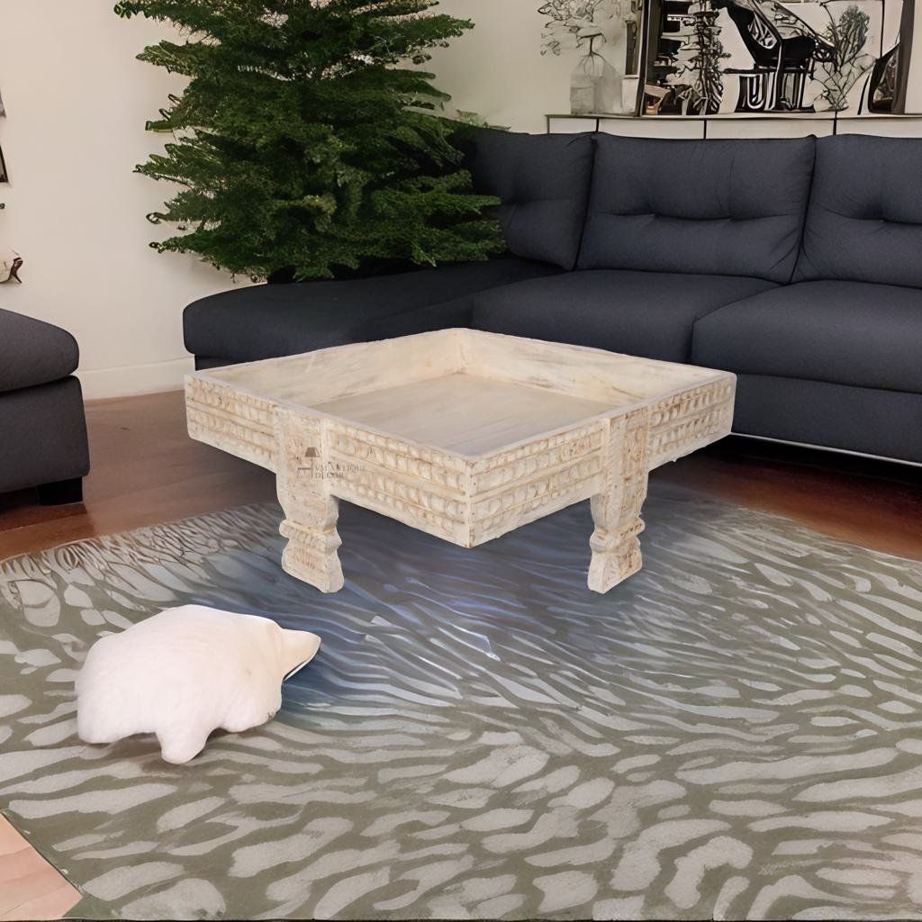 Wooden Indian Distressed Antique Square Table | Unique Chakki Table for Home Decor