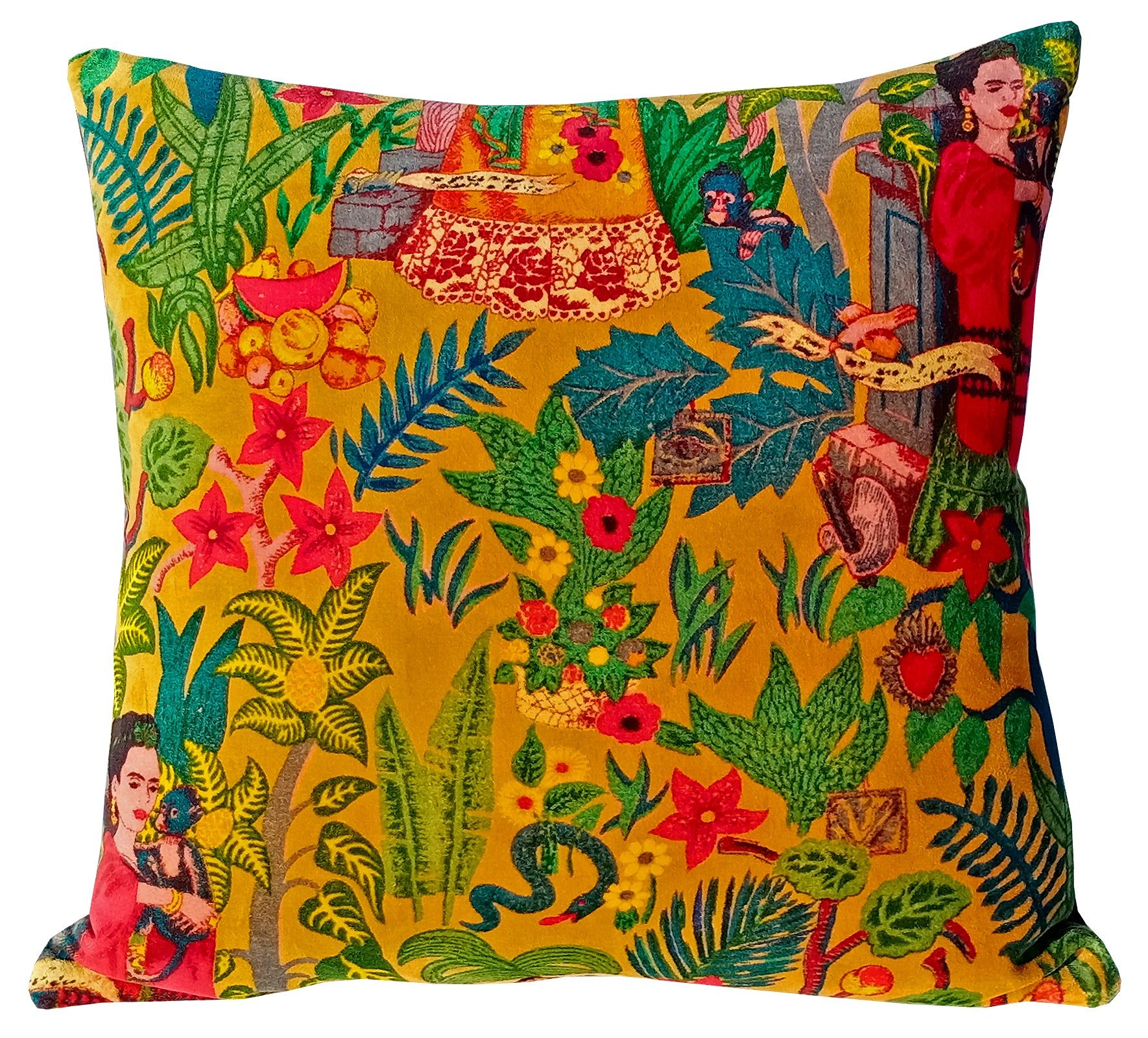 Frida Kahlo Velvet Cushion Cover-Mustard Yellow-12 x 12 inches / Plain Cotton Backing