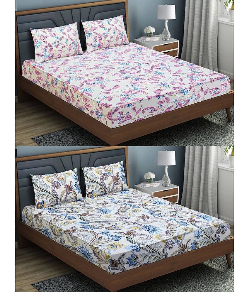 Home Candy Microfibre Floral Fitted 2 Bedsheets with 4 Pillow Covers ( Double Bed ) - White