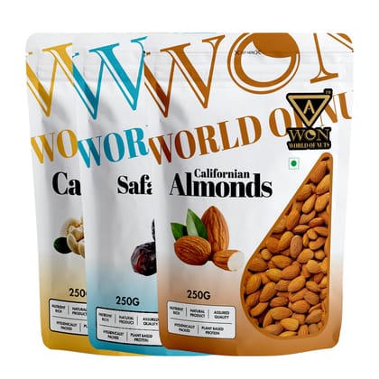 AWON Premium Combo | Cashew 250g + Safawi Dates 250g + Almonds 250g