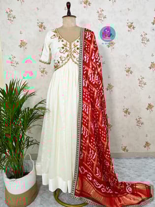 Gaji silk handmade Bandhej dupatta paired with hand embroidered Anarkali frock-XS