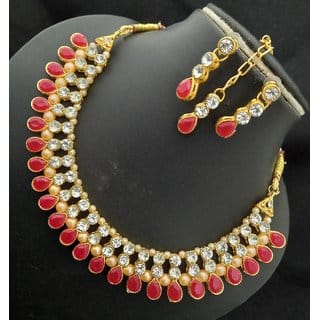 Red White Kundan Pearl CZ 4pc Full Jewellery Set