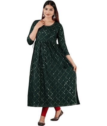 P PRIYA FASHION - Green Rayon Women's Nayra Kurti ( Pack of 1 )
