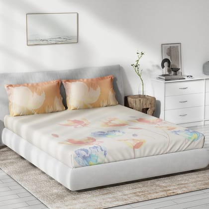 DDECOR - Primary Collection 100% Cotton Floral Pattern 136TC King Bedsheet |229 CM X 274 CM| Orange