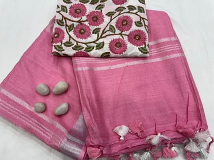 Hastkala Cotton Linen Saree With Printed Cotton Blouse