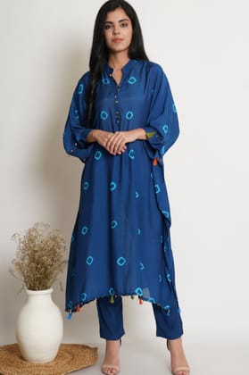 Blue Muslin Bandhani Kaftan Set Of 2-S