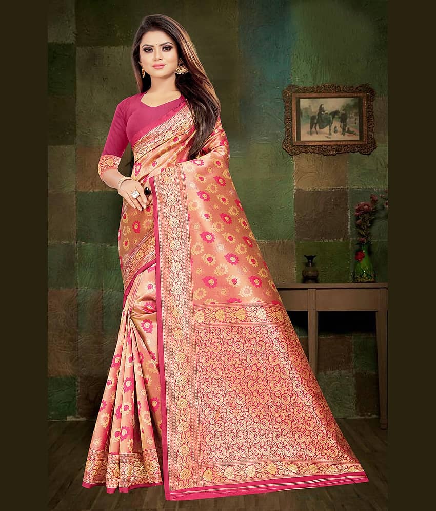 Gazal Fashions Banarasi Silk Self Design Saree With Unstitched Blouse Piece ( Pink )