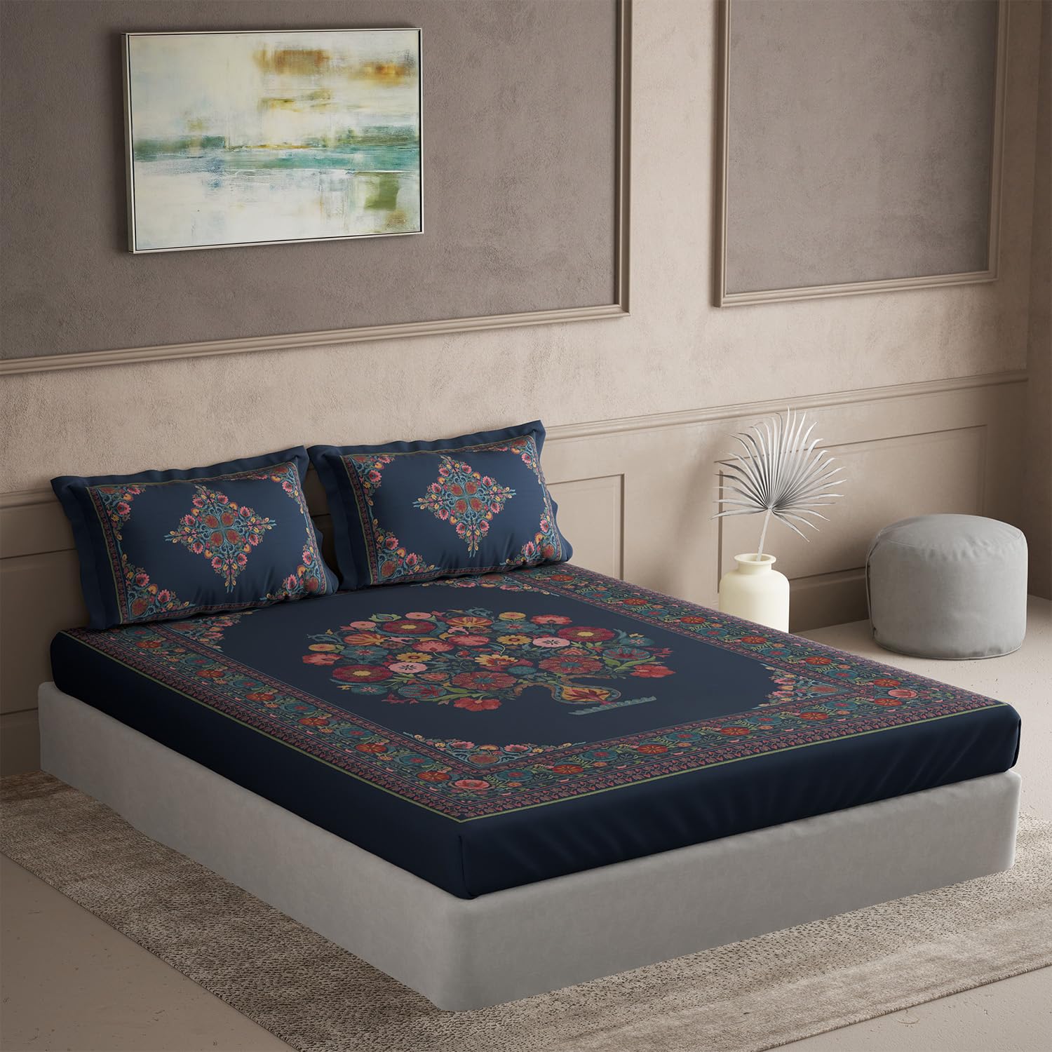 DDECOR - Virasat Collection 100% Cotton Global Ethnic Pattern 145TC Super King |274 CM X 274 CM| with 2 Pillow Covers - Blue