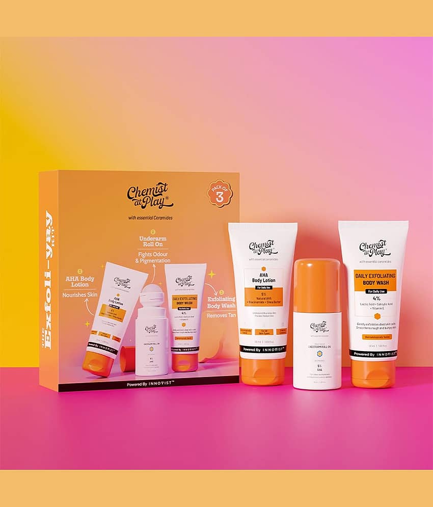 Chemist at Play Exfoliating Kit with Body Wash, Aqua Underarm Roll On & AHA Body Lotion, 50ml + 50ml + 40ml (Pack of 3)