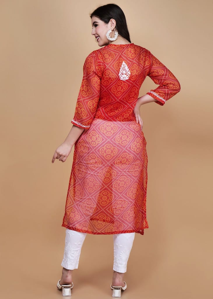 Traditional Kota Chikankari Straight Kurta - Red