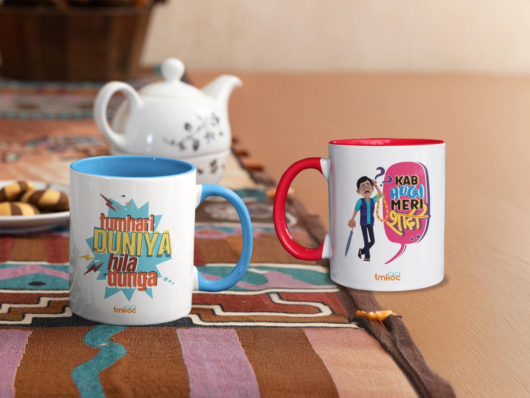 Taarak Mehta Ka Ooltah Chashmah Printed Ceramic Coffee Mug - 325ML, Pack of 2 | White with Red & Blue Inner & Handle
