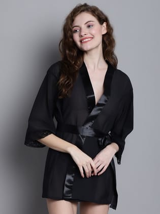 Overall Net With Satin Lace Robe-XL / Black