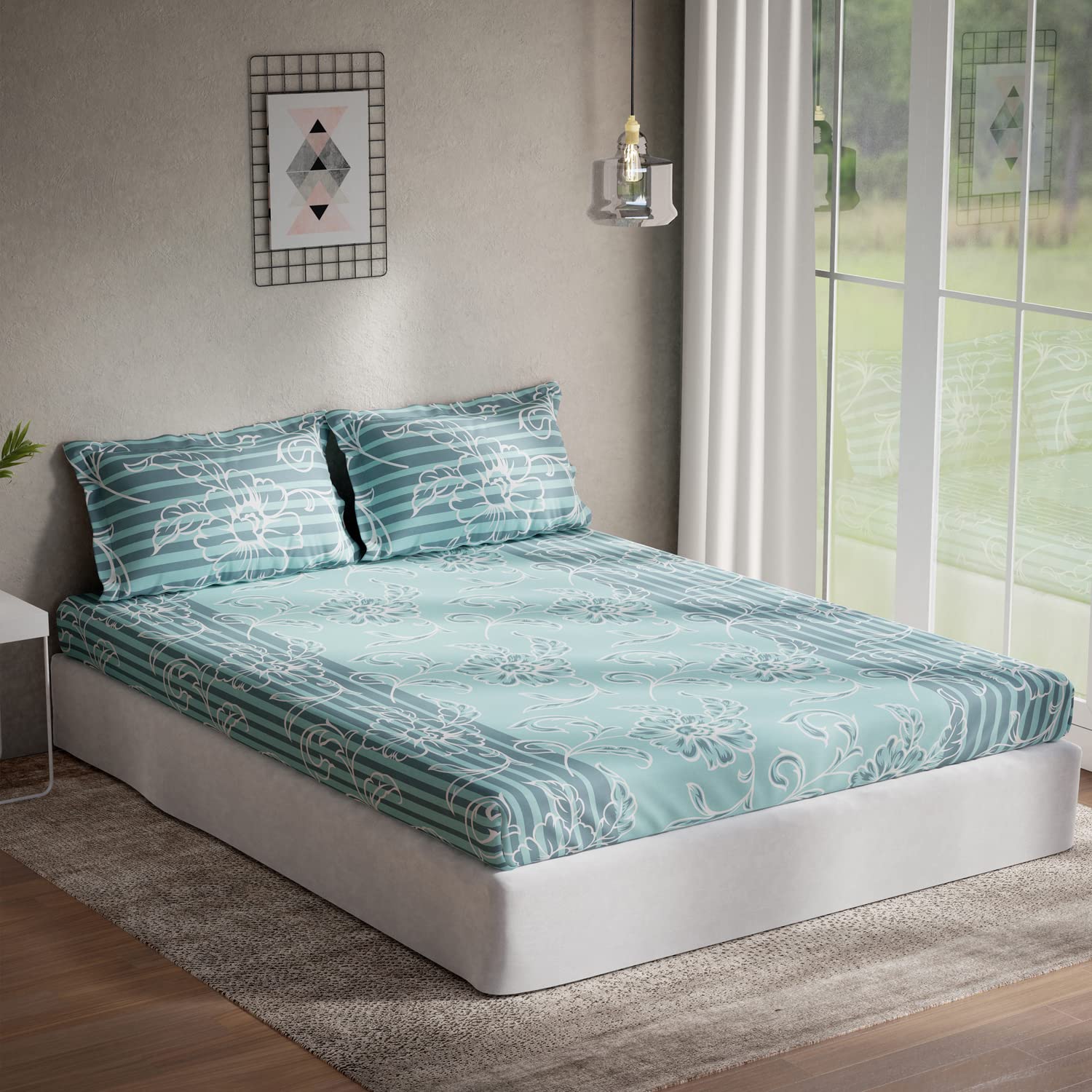 DDECOR - Sigma Collection 100% Cotton Ethnic Pattern 136TC Queen Bedsheet |224 CM X 254 CM| Turquoise