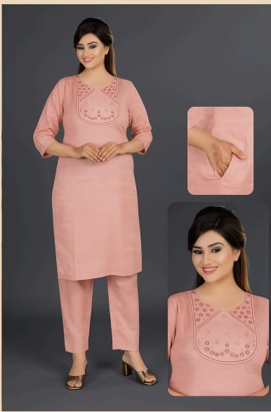 Women's Orange Cotton Salwar Suit Setwith Embroidered Yoke, 3/4 Sleeves