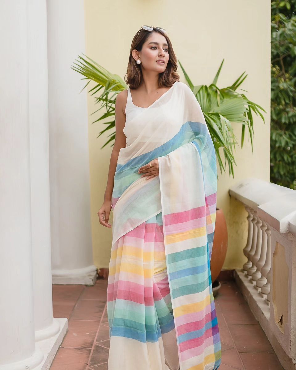 Vibrant Vibes: White Linen Saree with Colorful Wavy Stripes | The Perfect Summer Rainbow Look