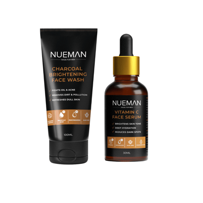 NUEMAN Charcoal Face Wash 100ml + Vitamin C Face Serum 30ml | Combo for Men | With Activated Charcoal, 15% Vitamin C & Niacinamide | Fights Acne, Brightens Skin | Dermat-Tested | Made in India