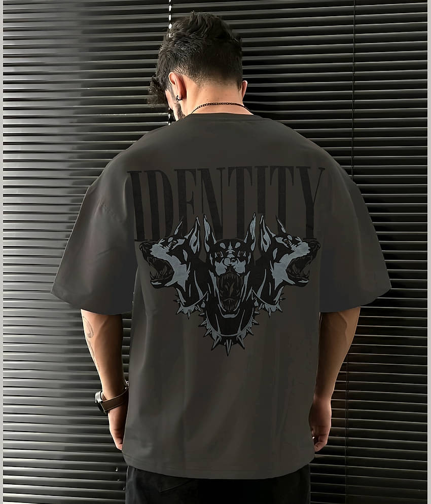 LEWEL Cotton Blend Oversized Fit Printed Half Sleeves Men's Round T-Shirt - Grey ( Pack of 1 )