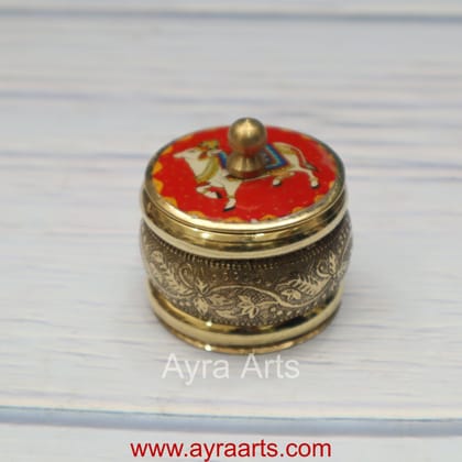 Brass Handcrafted cow meena design Sindoor Dibbi Kumkum Box Fancy Box Round - 1.5 Inch Length