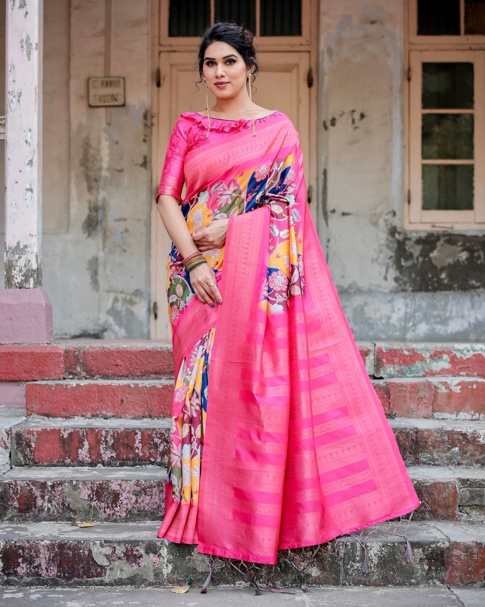 Hot Pink Multicolor Floral Digital Printed Banarasi Silk Saree with Zari Woven Border and Solid Pink Pallu - Includes Tassels-Regular