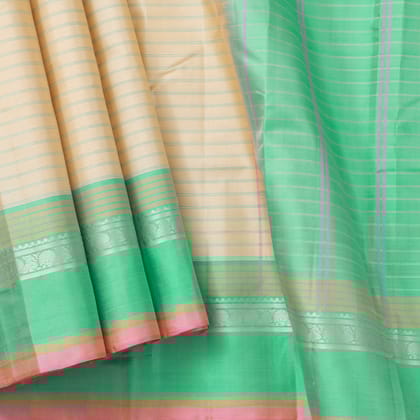 Beige and Turquoise Green Kanchipuram Silk Saree Light Weight For Festive Wear PV KNN 276