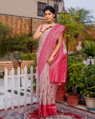 Banarasi Silk Saree Beige & Pink Handcrafted