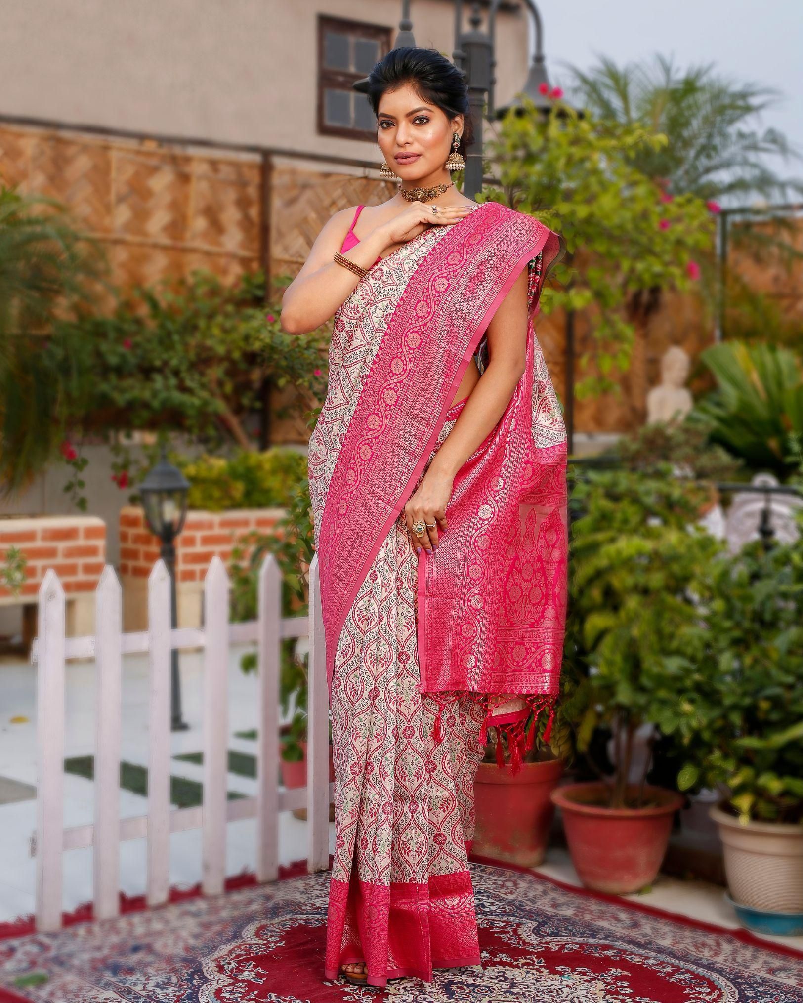 Banarasi Silk Saree Beige & Pink Handcrafted