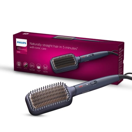 Philips Hair Straightener Brush- Advanced Ionic Care For 5X Better Frizz Free Hair In 5Min I Style With 2X More Volume|Stunning Shine I No Scalp Burns|Argan Oil Bristles|Bhh885/10,Black,50 Watts Philips Hair Straightener Brush- Advanced Ionic Care For 5X