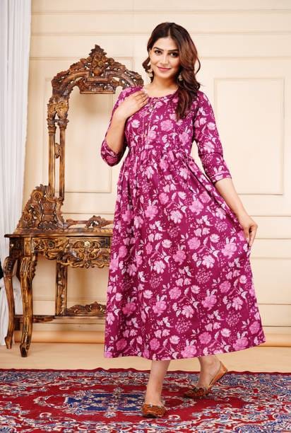 Women Printed Cotton Blend Anarkali Kurta  (Lavender)