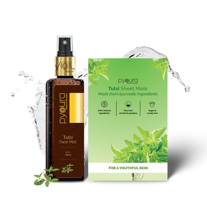 Tulsi Anti-Aging Combo: Face Toner Mist (100ml) + Sheet Mask (Pack of 1)<h4>For Managing Wrinkles & Fine Lines, Hydrates & Refreshes Skin<h4> <h6> Both products are 100% vegan, cruelty-free & fre