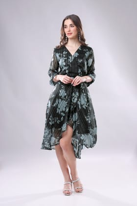 Wardrobe Black Floral Golden Lurex Wrap Dress With Belt-XXS / Back / DR0101-FAB22008343 -3.5MTR- FAB3200158-3 MTR-EL005-5 INCH-THB004-FS004-ZPH001-BT0019-1-NIL-NIL- GOLD LRX GGT