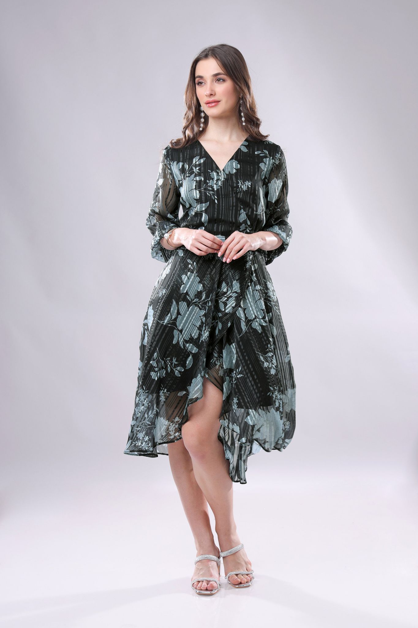Wardrobe Black Floral Golden Lurex Wrap Dress With Belt-XXS / Back / DR0101-FAB22008343 -3.5MTR- FAB3200158-3 MTR-EL005-5 INCH-THB004-FS004-ZPH001-BT0019-1-NIL-NIL- GOLD LRX GGT