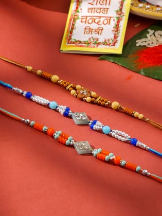 NVR Men Set of 3 Multicolor Artificial Stones and Beads Rakhi with Roli Chawal Chandan & Mishri-One Size / Multicolor
