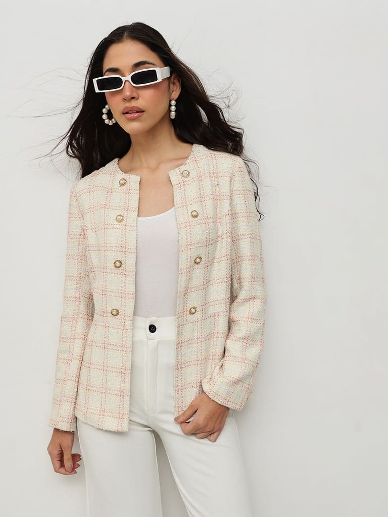 Pastel Checkered Tweed Jacket - Jackets & Coats | Buy online on ZillyBuy