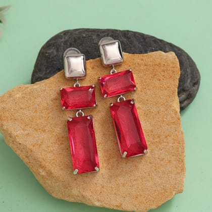 Ruby Color American Diamond Earrings (ADE593RUBY)-Length: 3.50 CM x Width: 2.00 CM / Ruby / Brass With Good Quality Silver Plated