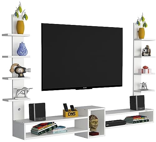 DAS Rudolf Engineered Wood Wall Mount TV Entertainment Unit/Tv Rack Set to Box Stand with Wall Shelves for Living Room Frosty White (Ideal for up to 65") Screen