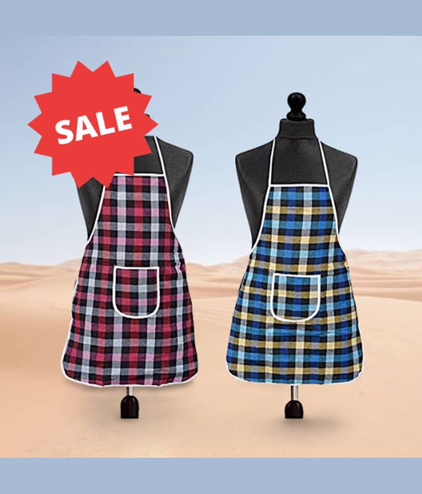 Sanraksshan Cotton Checks Kitchen Apron with 1 Center Pocket ( Pack of 2 )
