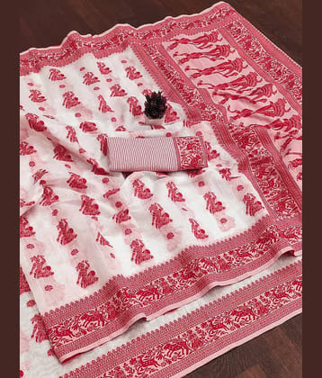 IndShopMart Cotton Blend Woven Banarasi saree With Unstitched Blouse Piece ( White,Red )