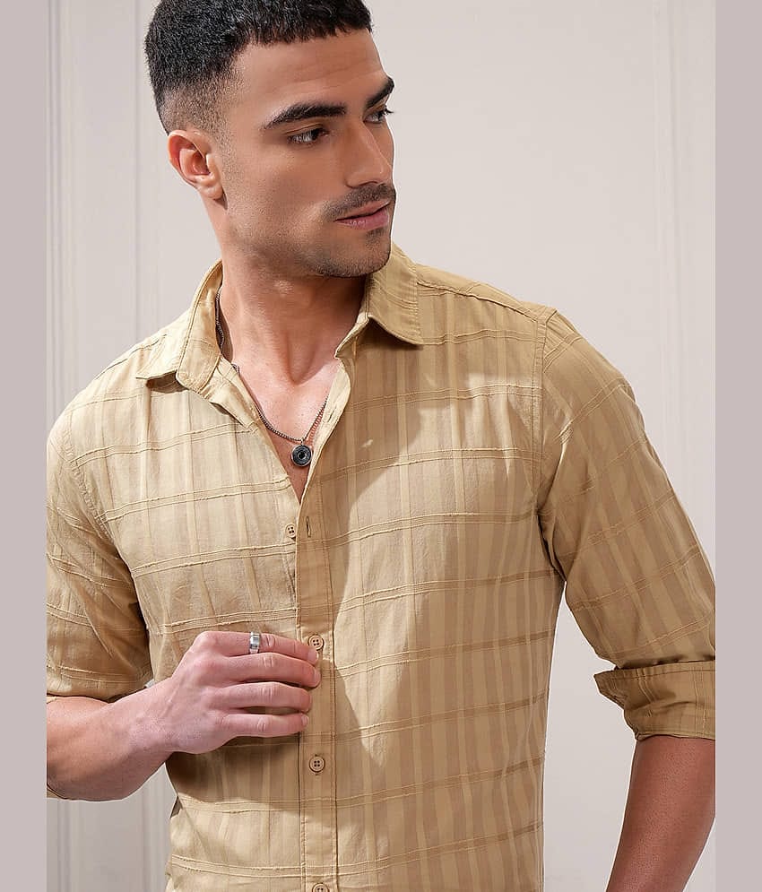 Locomotive 100% Cotton Regular Fit Self Design Full Sleeves Men's Casual Shirt - Khaki ( Pack of 1 )