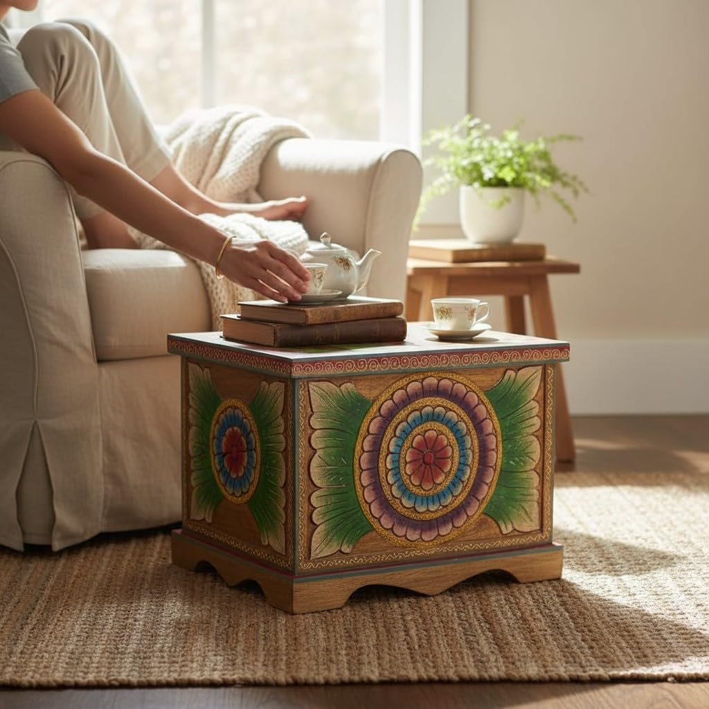 PREET GALLERY Rustic Elegance Wooden Heritage Glory Box, Regal Brass Chest Trunk Box Blanket storage or linens Statement piece with cultural or artistic decor Store jewelry